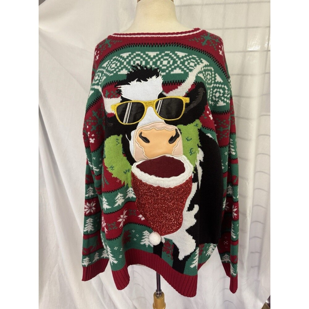 Big & Tall Men’s Ugly Christmas Sweater Cow With Santa Hat & Sunglasses 3XB NWT